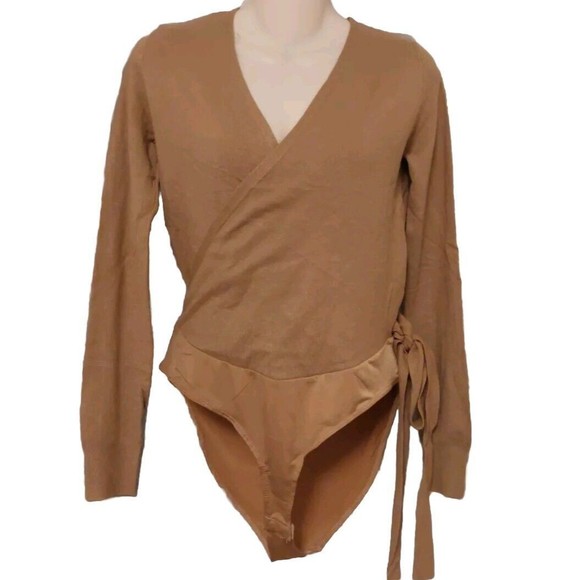 Olivaceous Lt Brown Soft Faux Wrap Bodysuit V Neck L Tie Lightweight Sweater - Picture 1 of 8